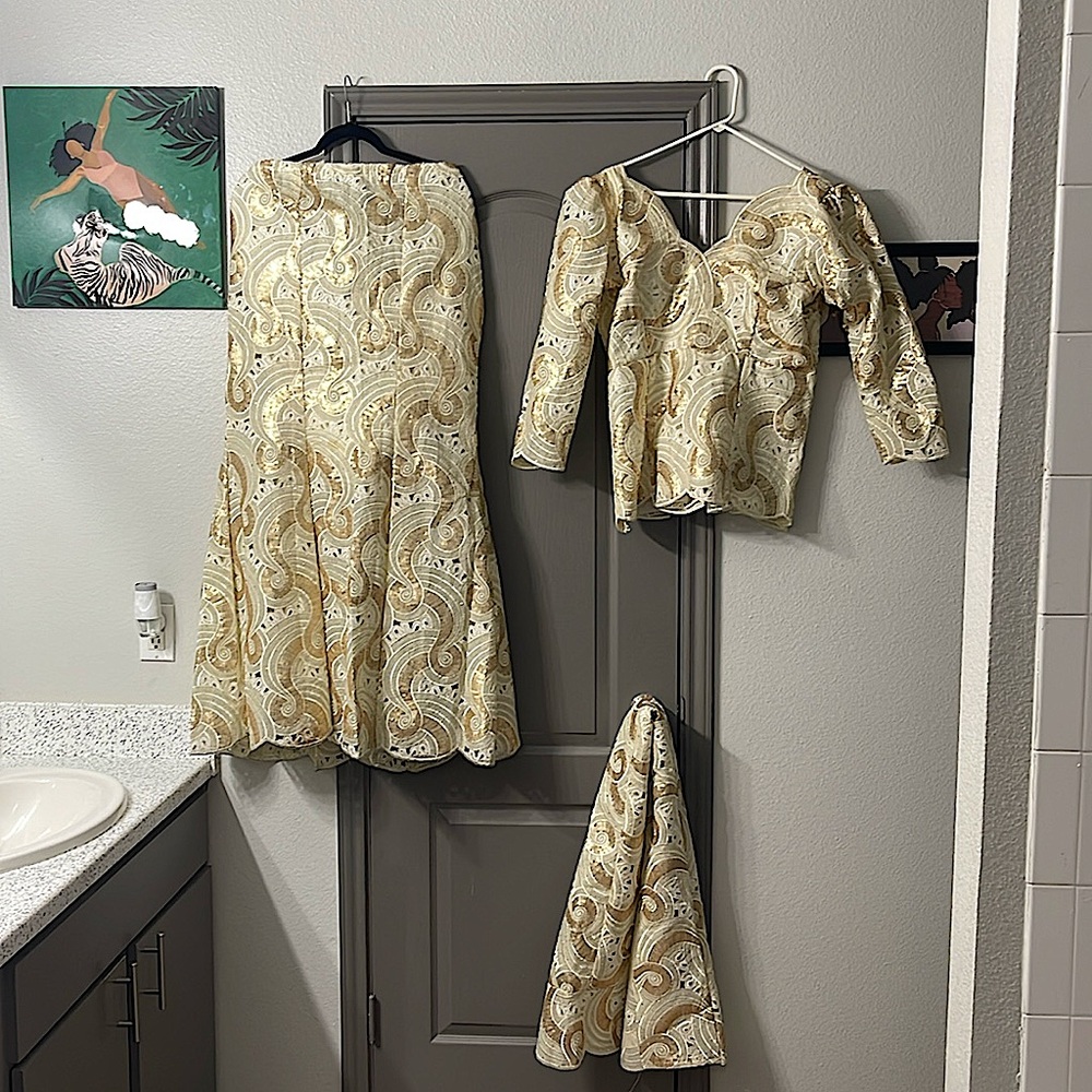 Hand stitch, African attire, 3 piece set , Top, Skirt, Head set